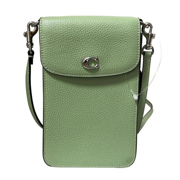 Auth COACH Phone Crossbody CH815 Light Green Leather - Shoulder Bag - Picture 1 of 8